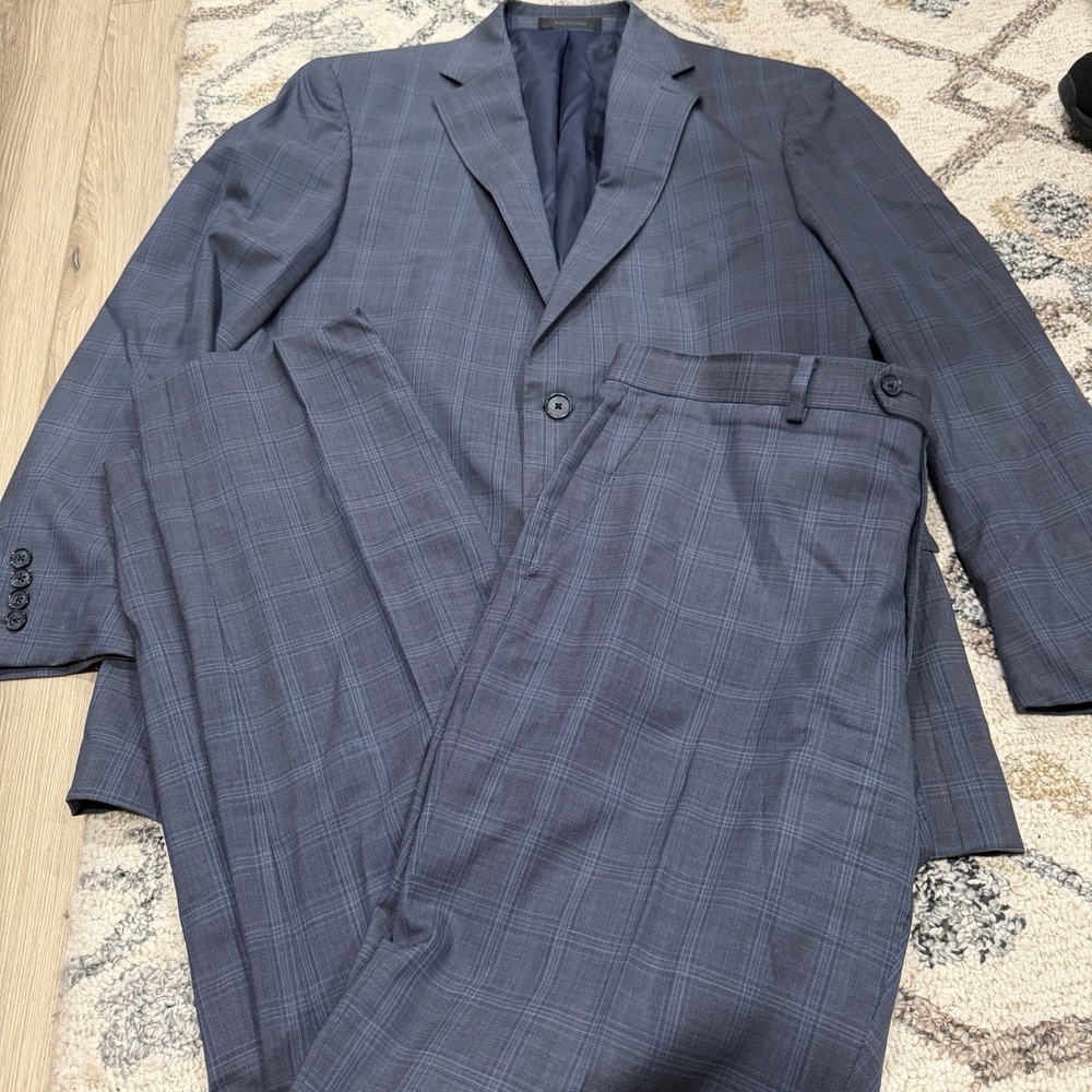 Austin Reed Mens 2 Piece Suit 42R 36x31 Blue Windowpane Plaid Wool Flat Front